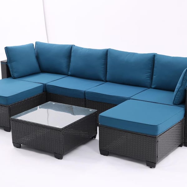 JimsMaison 7-Piece Wicker Patio Conversation Set with Peacock blue Cushions