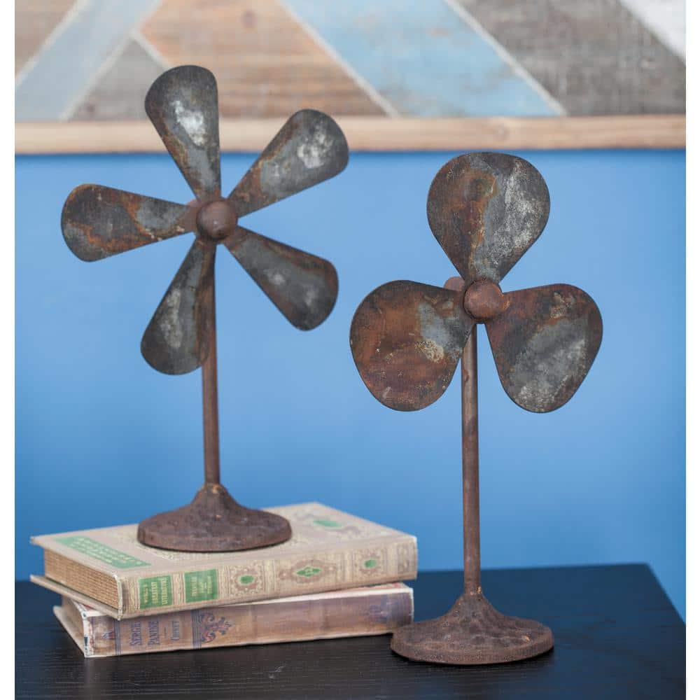 Gray Metal Industrial Fan Sculpture Set, 10"W x 15"H