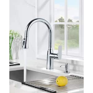 Single Handle Pull Down Sprayer Kitchen Faucet with Soap Dispenser Stainless Steel in Chrome