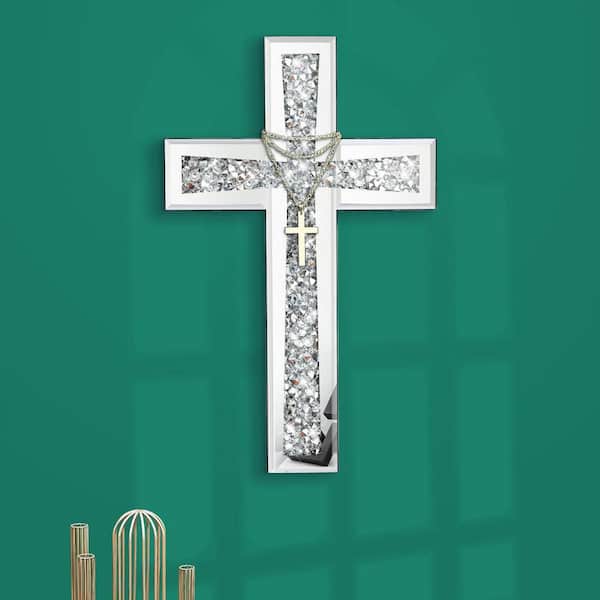 15.7 in. x 9.8 in. Silver Cross Mirror for Wall Decor Decorative, Crystal Crush Wall Architectural Decor for Living Room