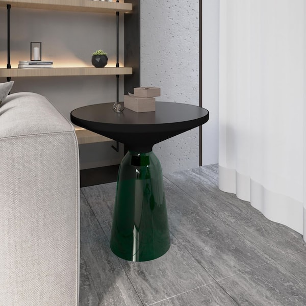 19.68-Inch Round End Table Glass Tabletop Black Iron Rim Frame Side Table With Glass Pedestal Base in Green/Black
