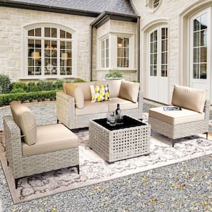 Supery Gray 5-Piece Wicker Patio Conversation Seating Set with Beige Cushions and Coffee Table