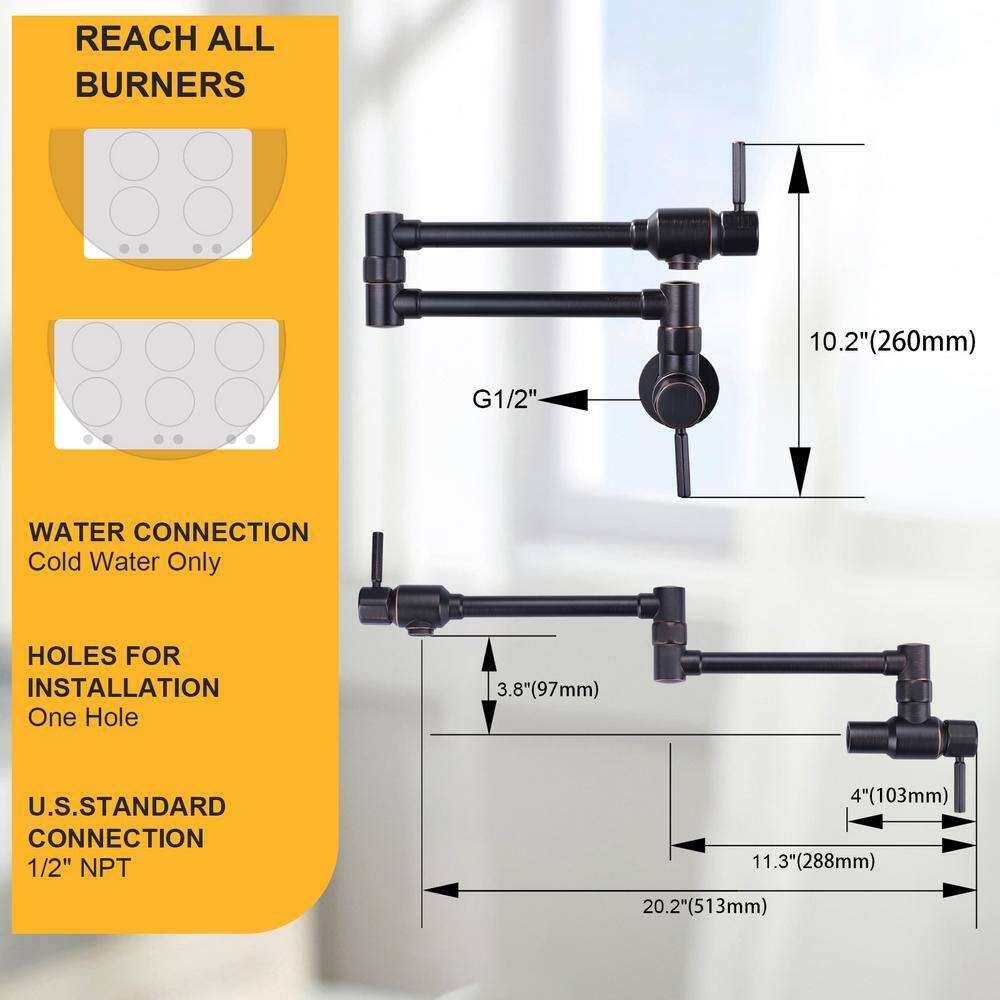 Oil Rubbed Bronze Wall Mounted Pot Filler Faucet with Ceramic Valve