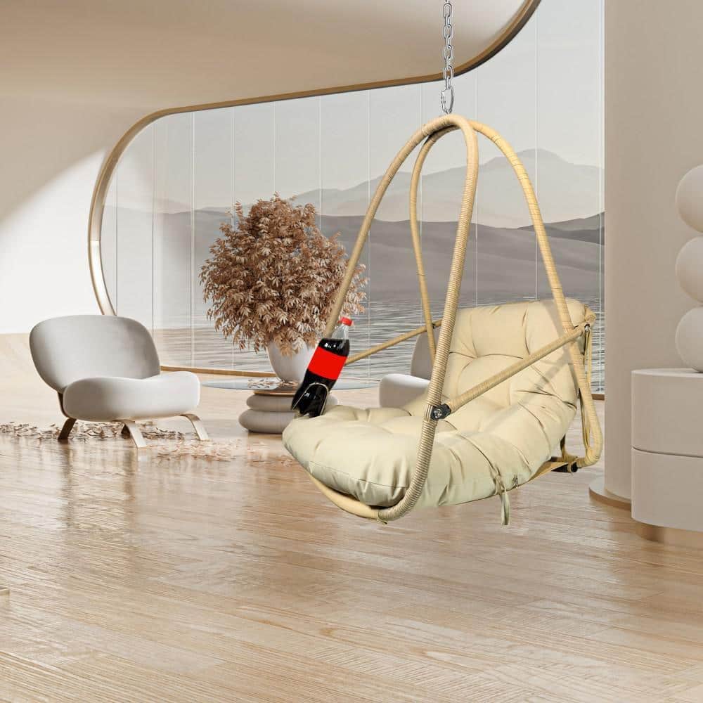 1-Person Yellow Wicker Outdoor Patio Swing Hanging with Cushion and Pillow