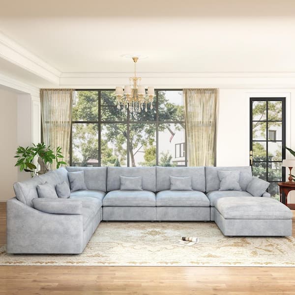 155.9 in. Square Arm 7-Piece Linen Down Modular Free Combination Sectional Sofa with Ottoman, Removable Covers in Gray
