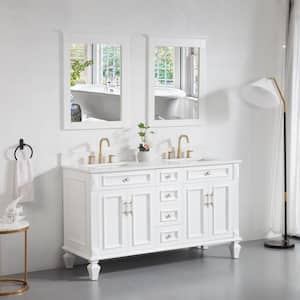 60 in. W x 22 in. D x 35 in. H Double Sink Solid Wood Bath Vanity in White with Stain-Resistant Quartz Top and 2 Mirror
