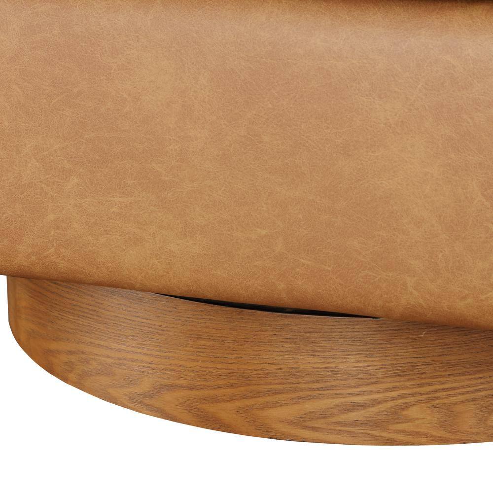 Saddle Brown Faux Leather Wood Swivel Barrel Chair