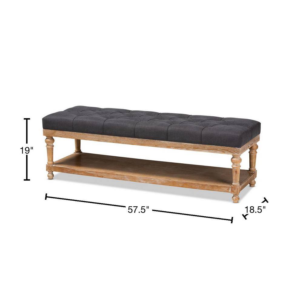 Charcoal Linen and Greywashed Wood Storage Bench with Tufted Detail