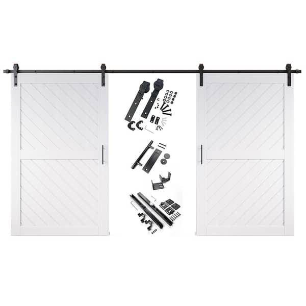 HOMACER XT2 50 in. x 80 in. C-Panel White Slanted Stripe Design Double Pine Wood Sliding Barn Door with Hardware Kit