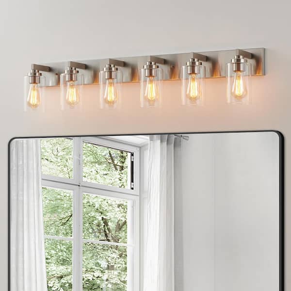 44 in. 6-Light Brushed Nickel Vanity Light with Clear Glass Shades