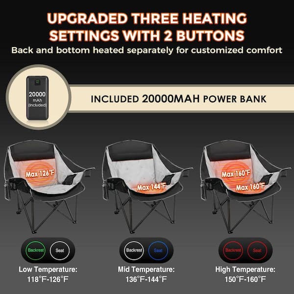 SEEUTEK Outdoor Oversized Foldable Heated Camping Grey Patio Chair
