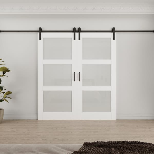 72 in. x 80 in. 3-Lite Tempered Frosted Glass White Primed MDF Composite Sliding Barn Door with Hardware Kit