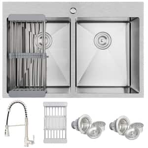 Handmade All-in-One Drop-in Stainless Steel 33 in. x 22 in. Spring Neck Faucet and Drying Rack Double Bowl Kitchen Sink