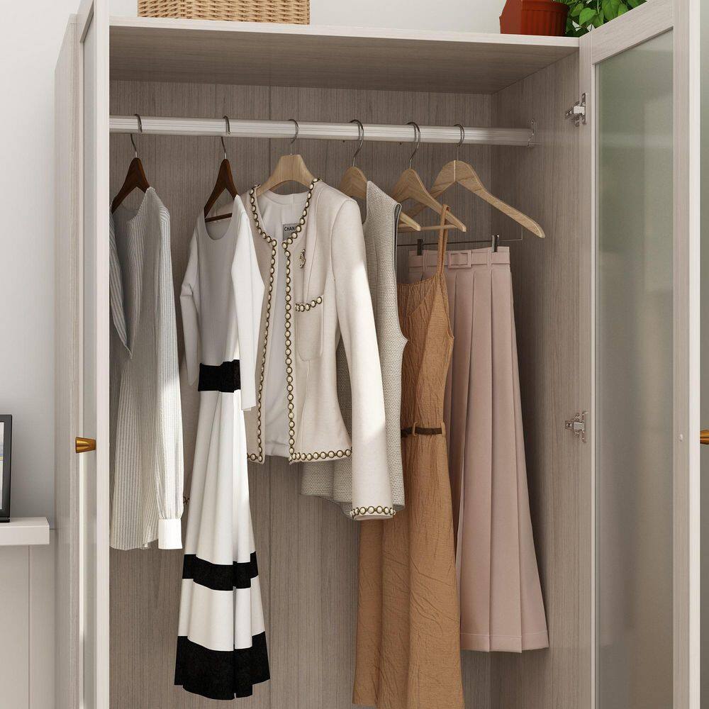 Light Oak Wood 31.5 in. Bedroom Armoire with Frosted Tempered Glass Doors, Hanging Rod and 2-Drawers - thumbnail 9