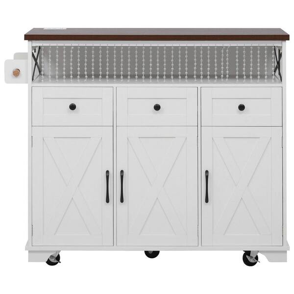 Unbranded Drape of Beads 46.5 in. White Kitchen Cart with Cabinets, 3 Large Drawers and 3 Cabinet Doors