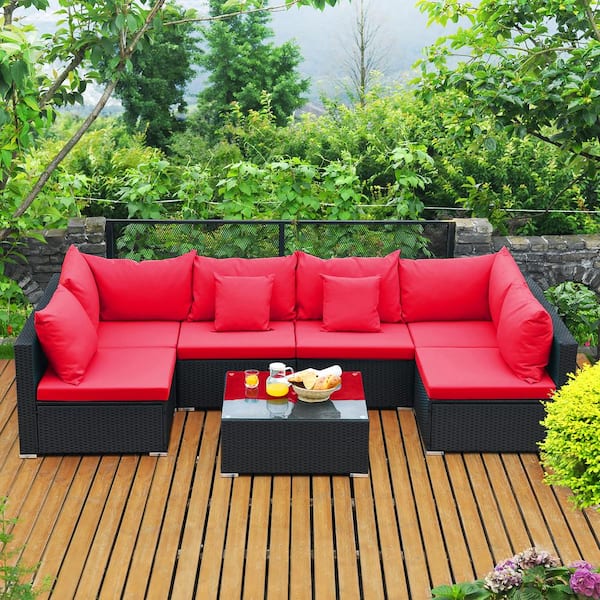Costway 7-Piece Wicker Sofa Set Patio Conversation Set Garden with Red Cushions