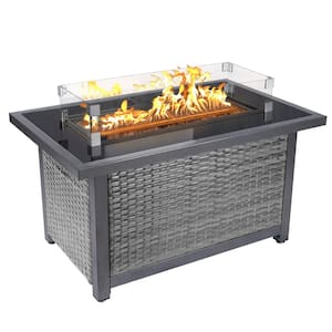 44 in.50000 BTU Wicker Propane Outdoor Fire Pit Tablewith Wind Guard, Tempered Glass Tabletop and Glass Beads, Grey