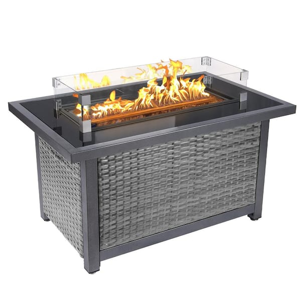 VIWAT 44 in.50000 BTU Wicker Propane Outdoor Fire Pit Tablewith Wind Guard, Tempered Glass Tabletop and Glass Beads, Grey
