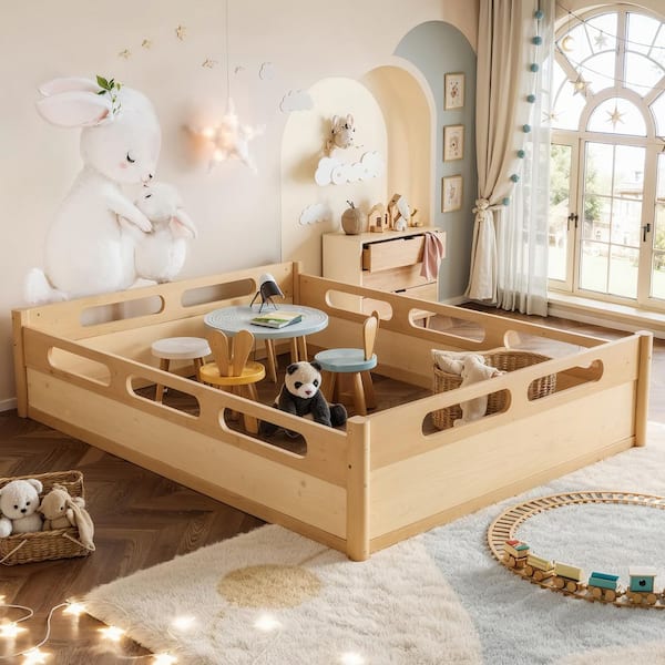 Panchali Brown Wood Frame Queen Size Floor Platform Bed with Full-length Guardrails