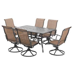 Brown and Black 7-Piece Textilene and Iron Metal Dining Table with Swivel Design and Umbrella Hole