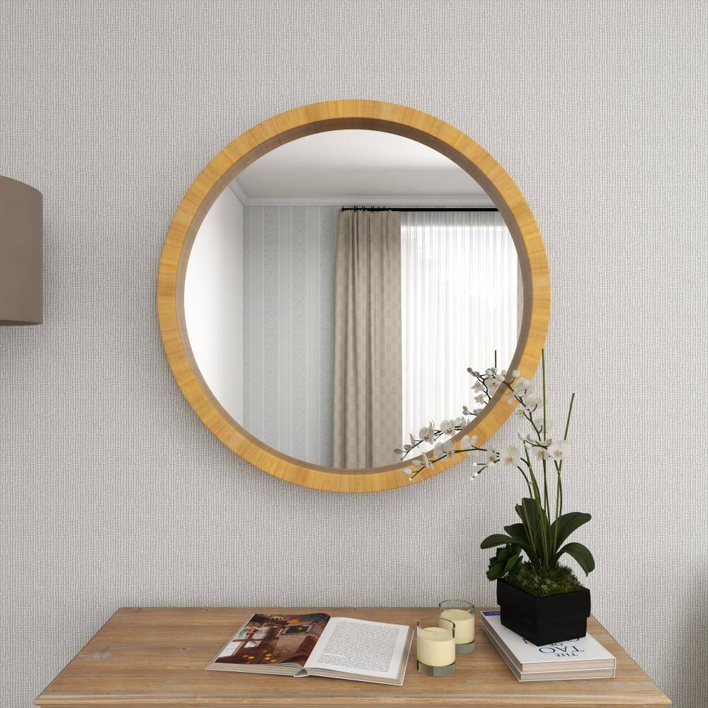 Natural Brown Round Wood Wall Mirror, 32"