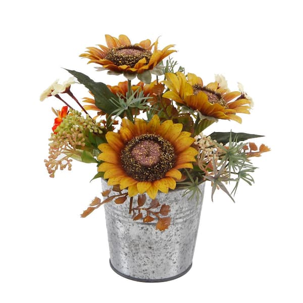 Flora Bunda 8 in. H Fall Harvest Yellow Artificial Sunflowers Garden in Galvanized Tin Pot
