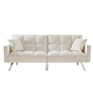 74.4 in. Cream White Velvet Upholstered Twin Size Loveseat Sofa Bed with 2-Pillows Armrests Adjustable Split-Back
