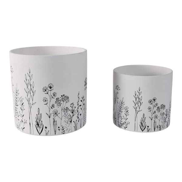 6 in. and 8 in. White Ceramic Wildflower Field Decorative Pots (Set of 2)