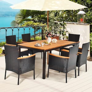7-Piece Wicker Outdoor Dining Set Patio Rattan Table and Chairs Set with Umbrella Hole and Yellowish Cushions