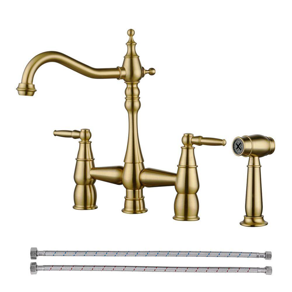 Solid Brass 4 Hole Deck Mount Double Handle Bridge Kitchen Faucet with Removable Aerator in Brushed Gold price history on PriceWatchPro