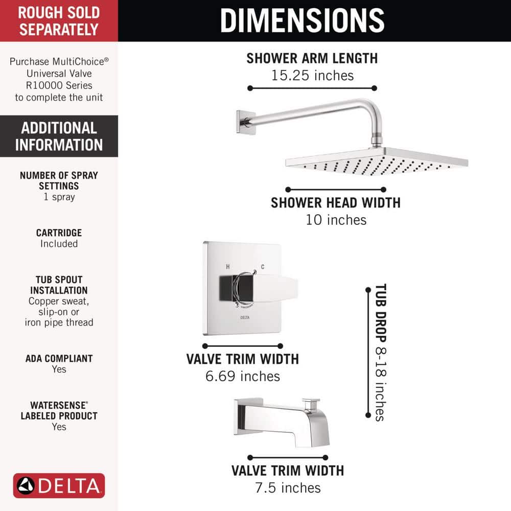 Chrome Square Multi-Head Rain Shower and Tub Faucet Set