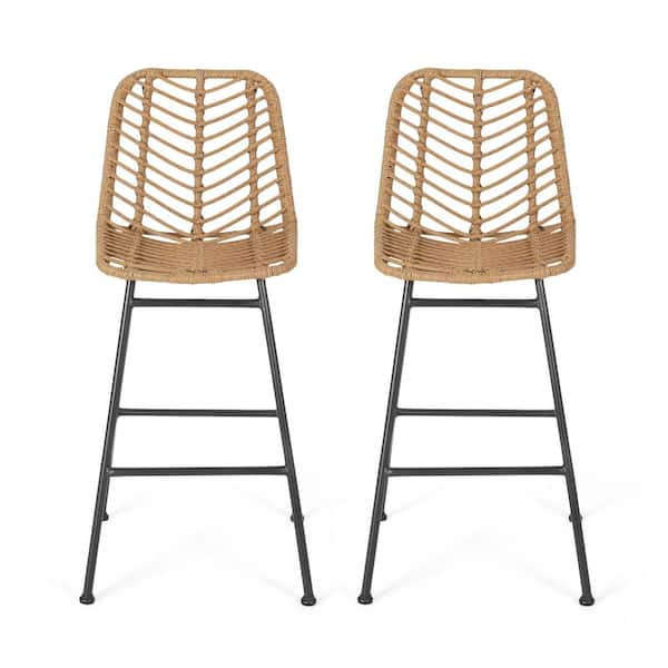 2-Piece Metal Outdoor Bar Stool with Light Brown Rattan