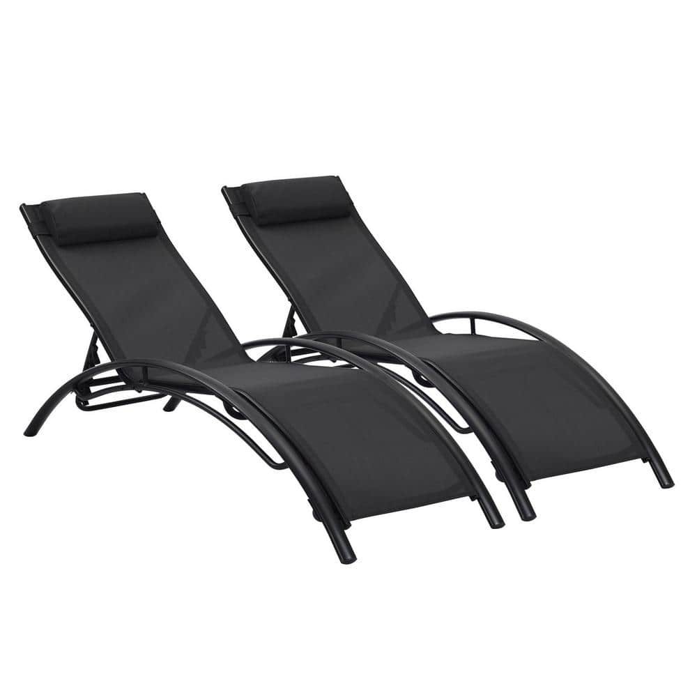 2-Piece Aluminum Outdoor Patio Adjustable Reclining Chaise Lounge with Blac