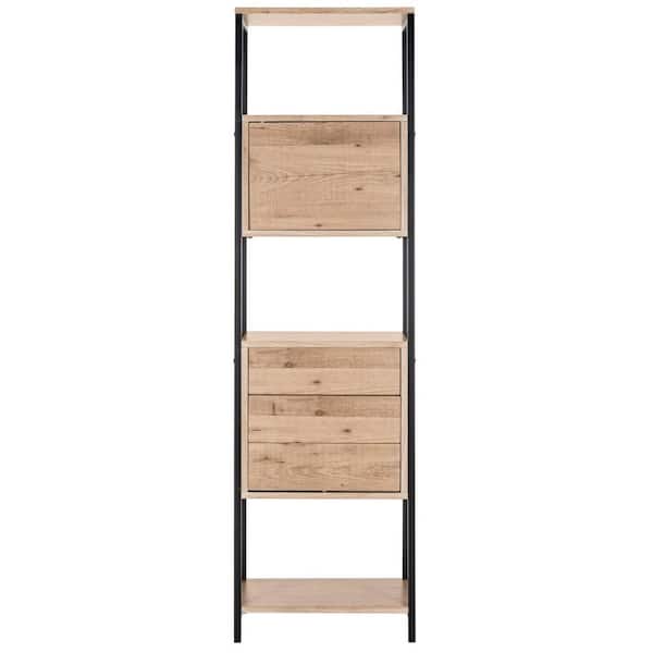 71.6 in. Oak/Black Metal 3-shelf Etagere Bookcase with Open Back
