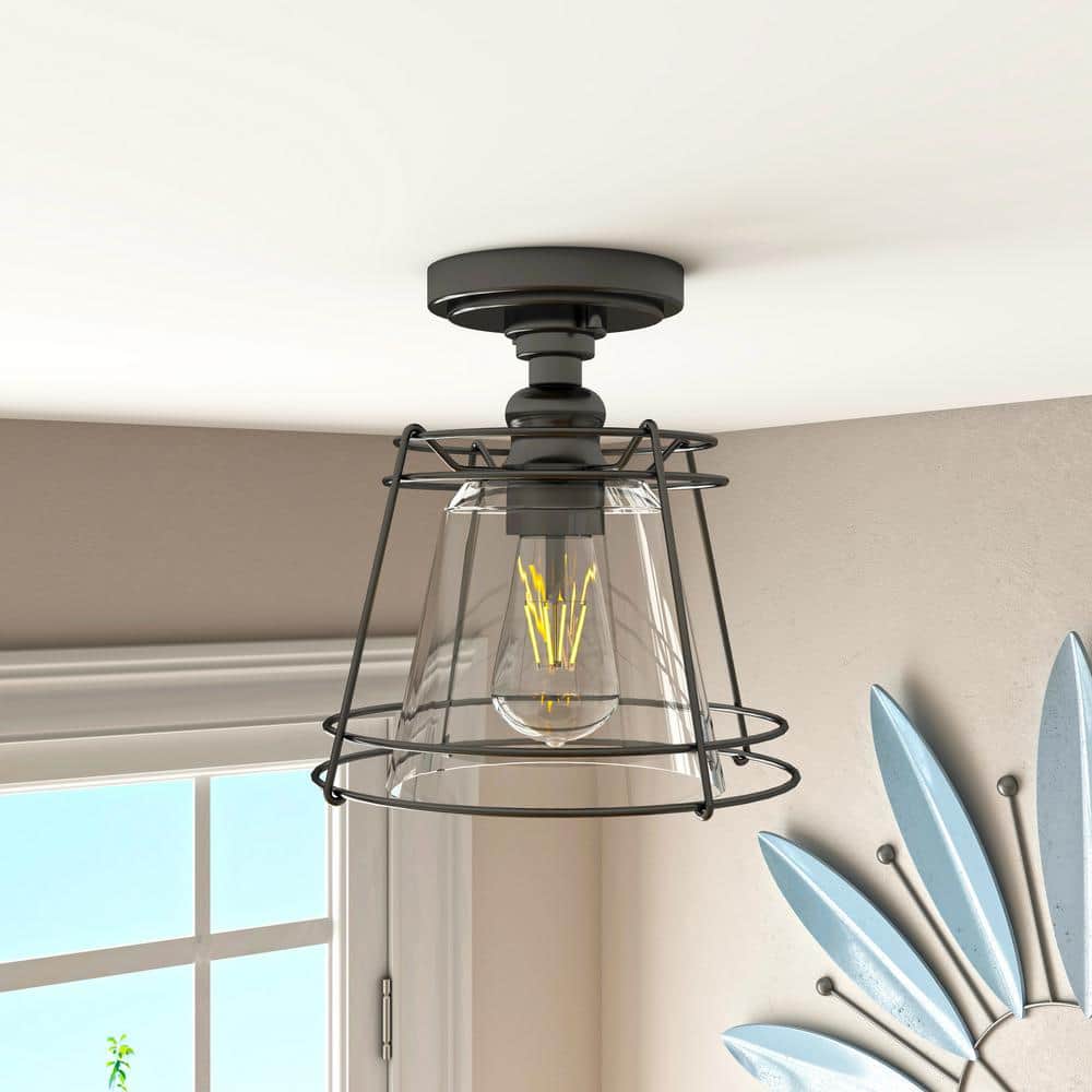 Streatley 10 in. Farmhouse 1-Light Matte Black Dimmable Semi-Flush Mount with Clear Glass Shade price history on PriceWatchPro