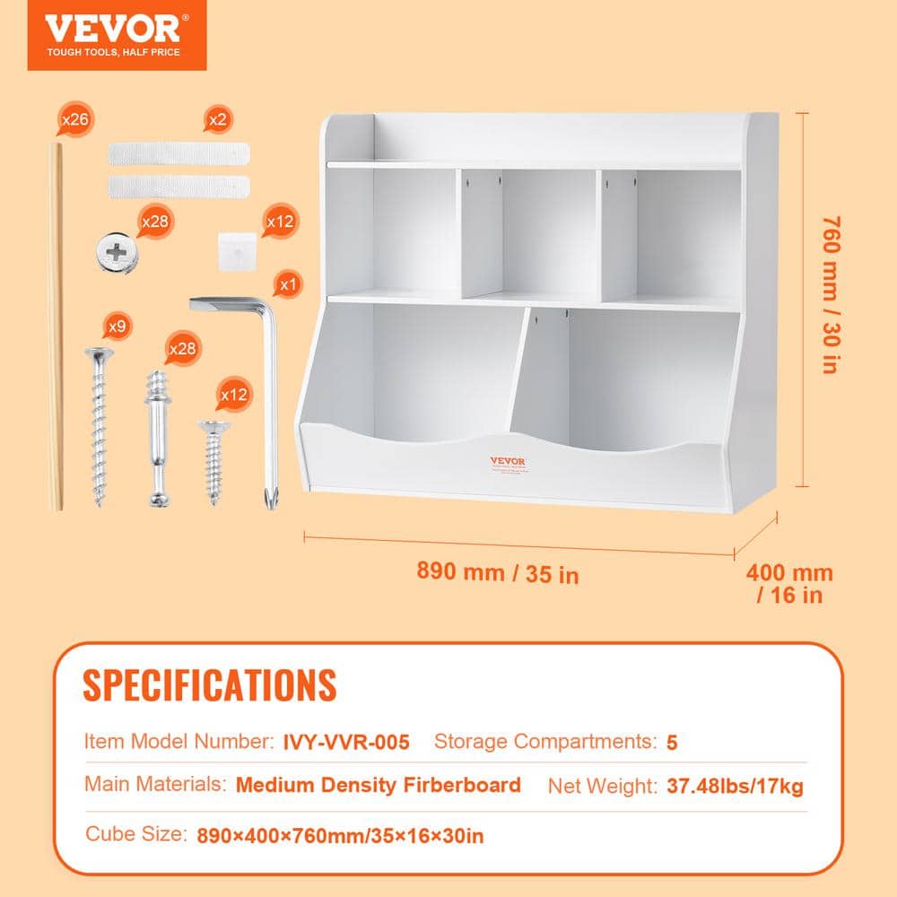 White 35" Kids Toy Storage Organizer with Bookshelf