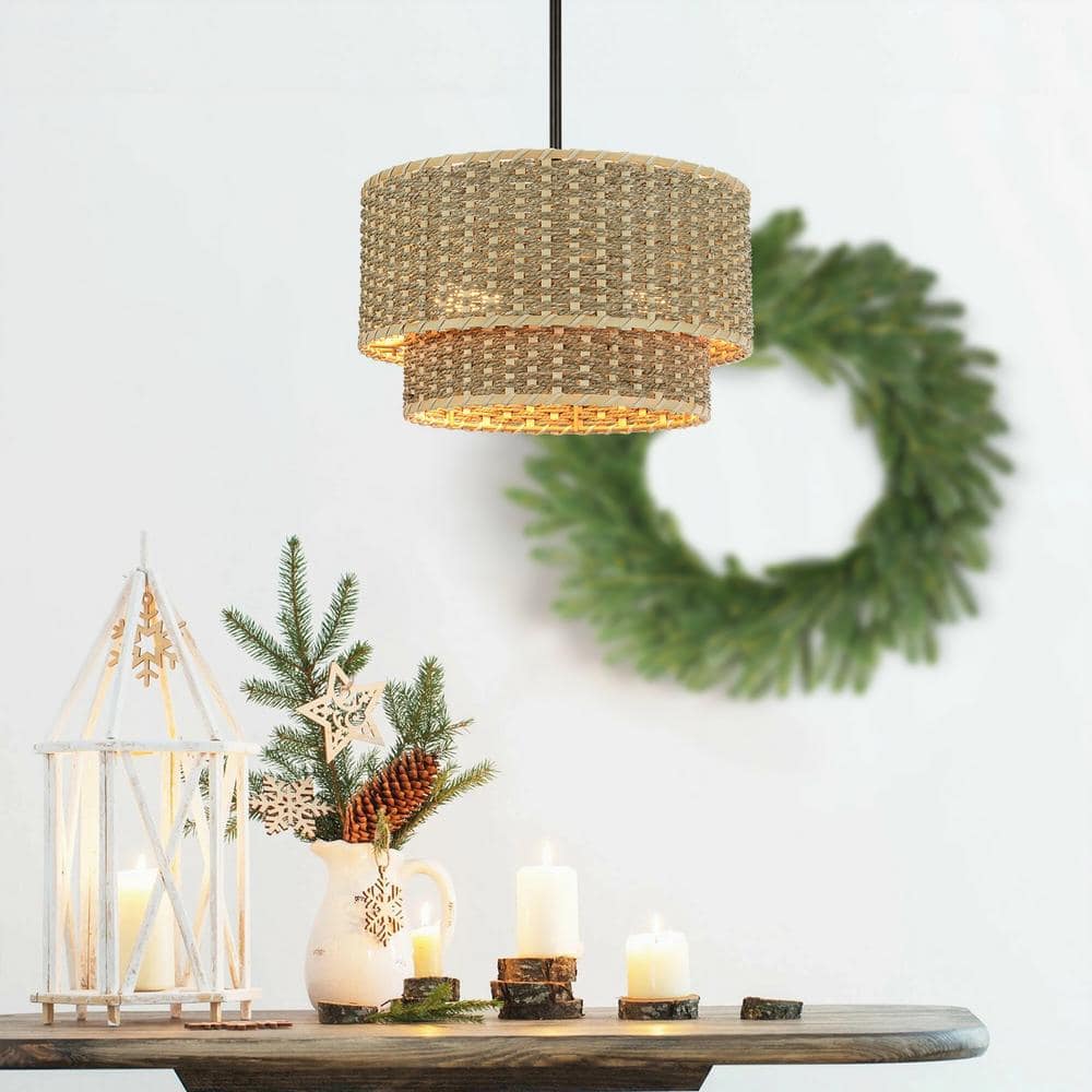 Matte Black 2-Light Adjustable Rattan Drum Chandelier