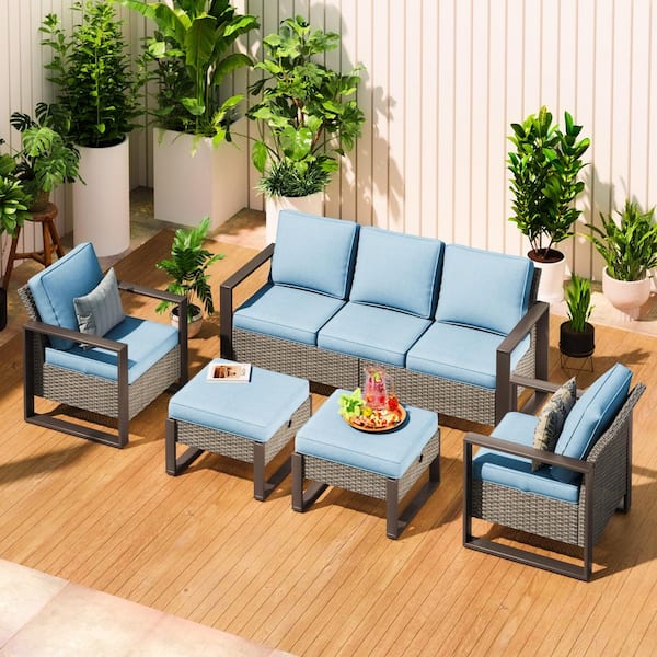 JOYSIDE 5-Piece Wicker Patio Outdoor Conversation Sectional Set with Steel Frame and Baby Blue Cushions