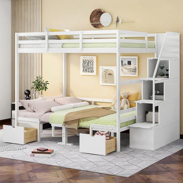 ANBAZAR White Full over Full Size Bunk Bed with Staircase, Storage ...