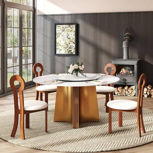 Magic Home 59.0 in. White Rotable Lazy Susan Sintered Round Stone Tabletop Gold Pedestal Base Kitchen Dining Table (Seats-8)