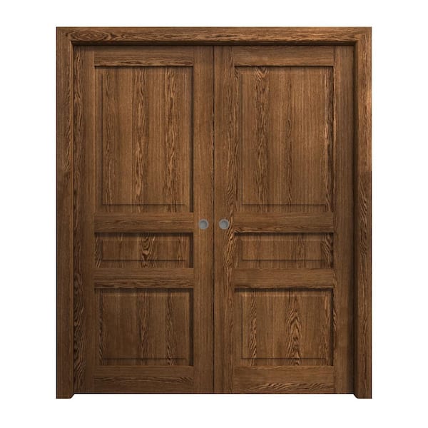 Sartodoors 84 in. x 96 in. Cognac Oak Solid Wood Double Pocket Doors with Hardware