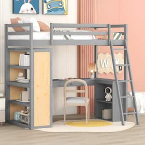 Gray Twin Wooden Loft Bed with Shelves, Desk, Drawer and Ladder