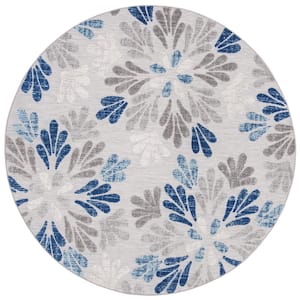 Cabana Gray/Blue 7 ft. x 7 ft. Geometric Floral Indoor/Outdoor Patio  Round Area Rug