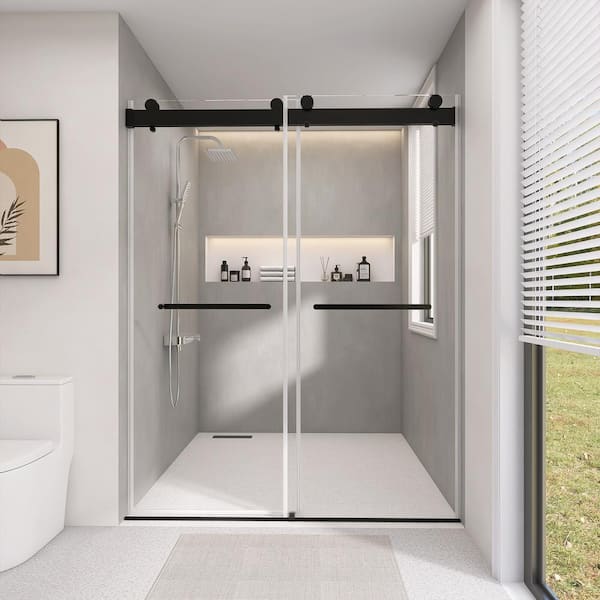 Zeafive 72 in.W x 76 in.H Frameless Alcove Double Sliding Soft-Close Shower Door in Matte Black With 3/8 in. Tempered Glass