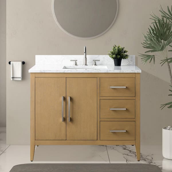 42 in. W x 22 in. D x 34 in. H Single Sink Bathroom Vanity Cabinet in Natural Oak with Engineered Marble Top