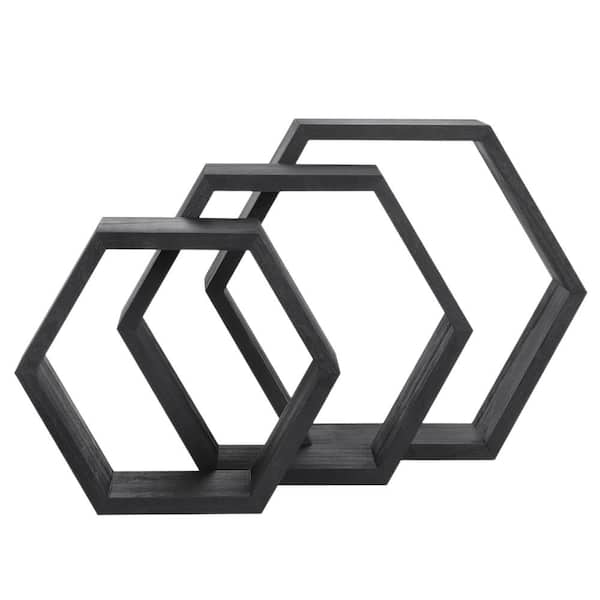Oumilen Wooden Hexagon 12 in. Rustic Floating Honeycomb Floating Shelf Set Natural Wood in Black
