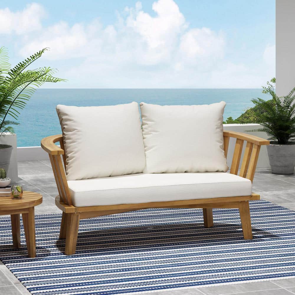 Teak Brown Wood Outdoor Loveseat with White Cushions