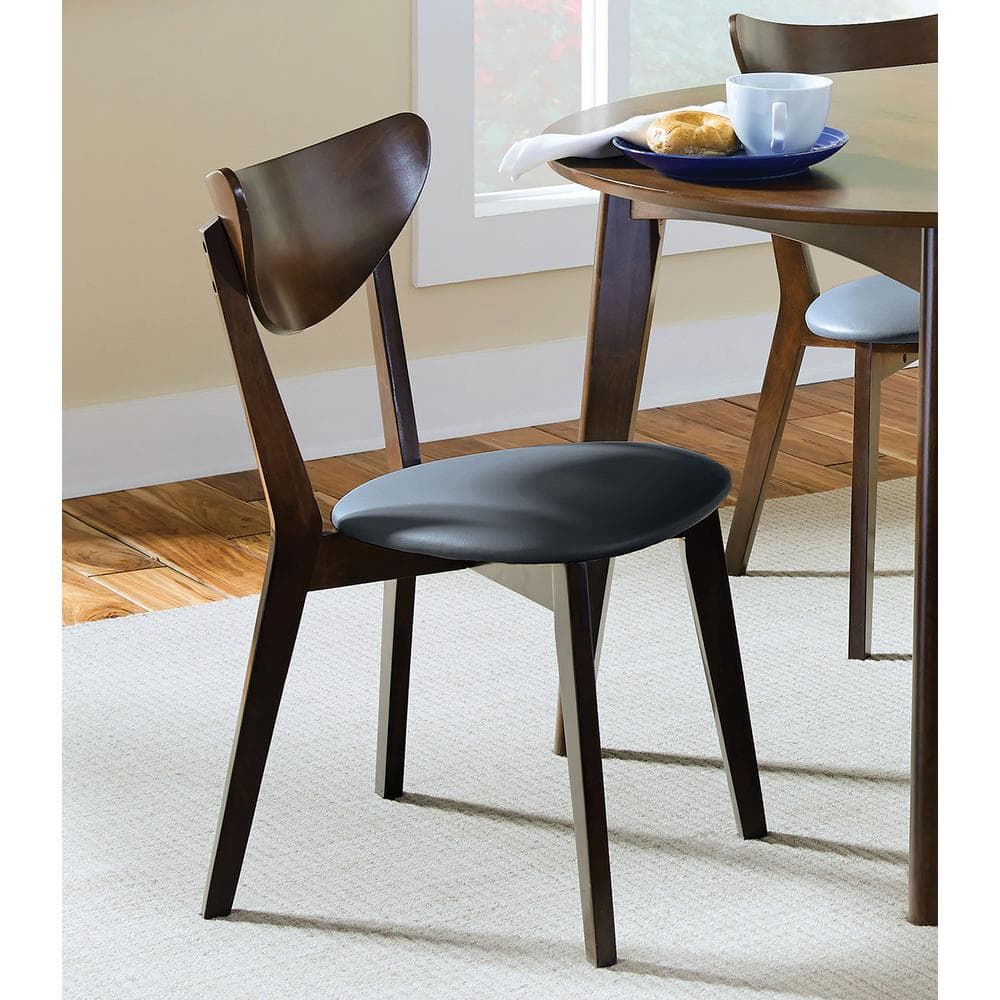 Modern Curved Back Parsons Side Chair in Black Faux Leather and Dark Walnut