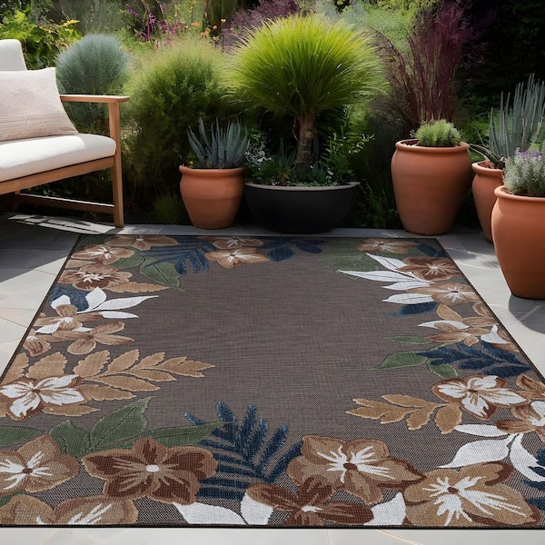 Eden 10 ft. x 14 ft. Brown  Washable Border Floral Indoor Outdoor Area Rug