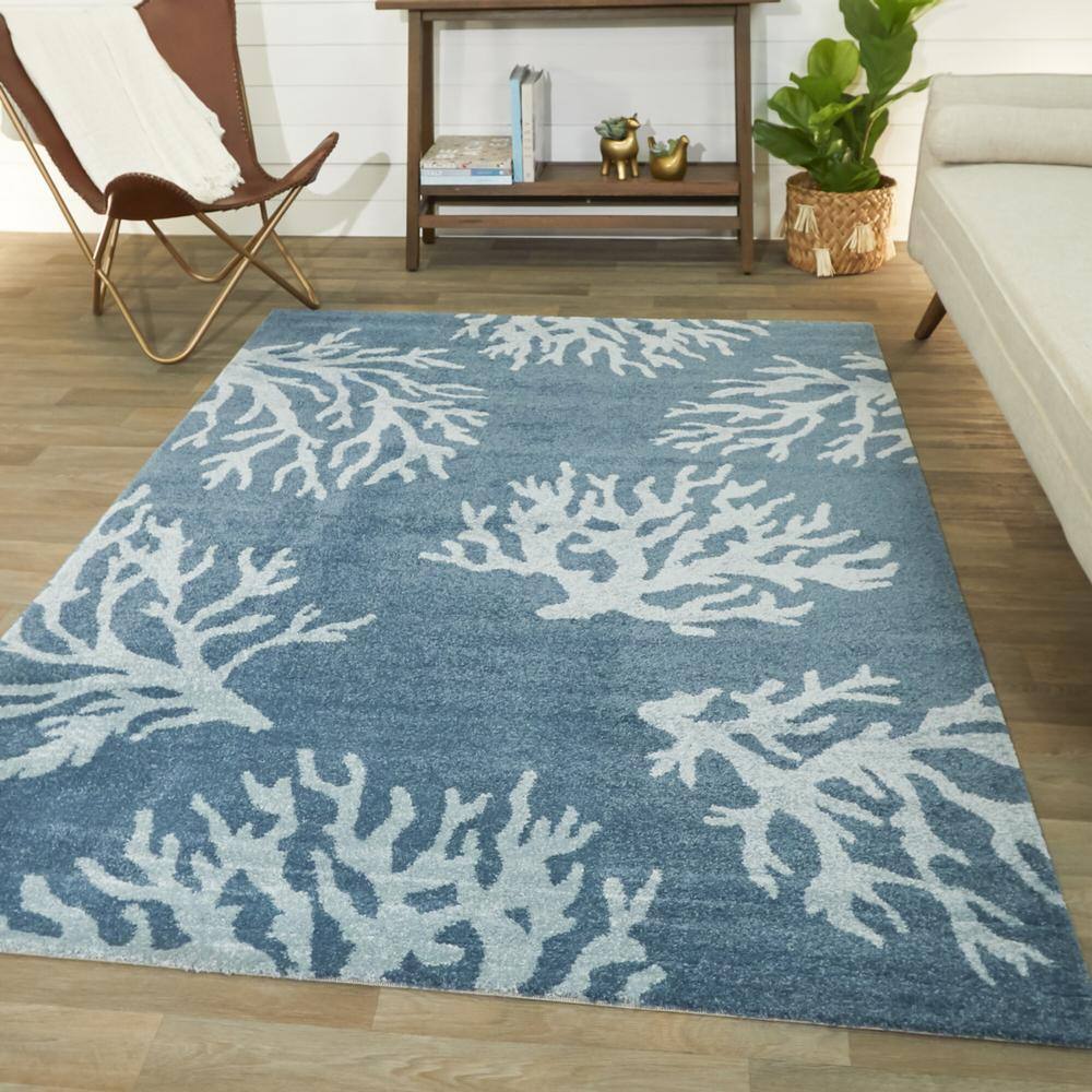 Blue Coral Print Microfiber Runner Rug